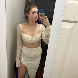 Oh Polly Embellished Maxi Skirt & Cowl Neck Crop Top in Ivory